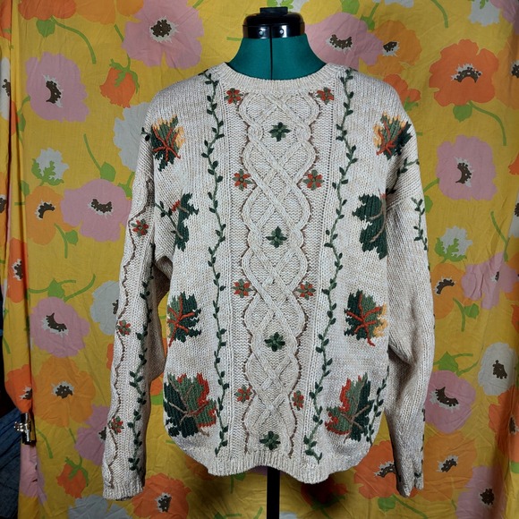 Christopher & Banks Sweaters - Christopher & Banks Vintage Hand Embroidered Fall Leaf Cable Knit Sweater Large